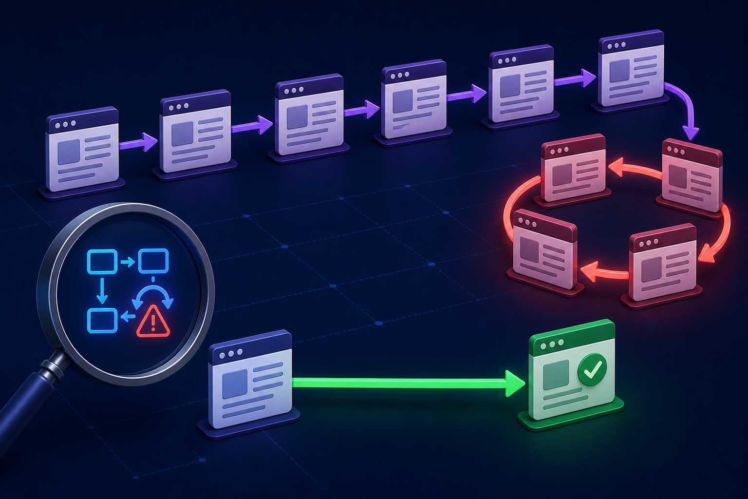 Redirect chain and circular loop contrasted with a clean direct URL route